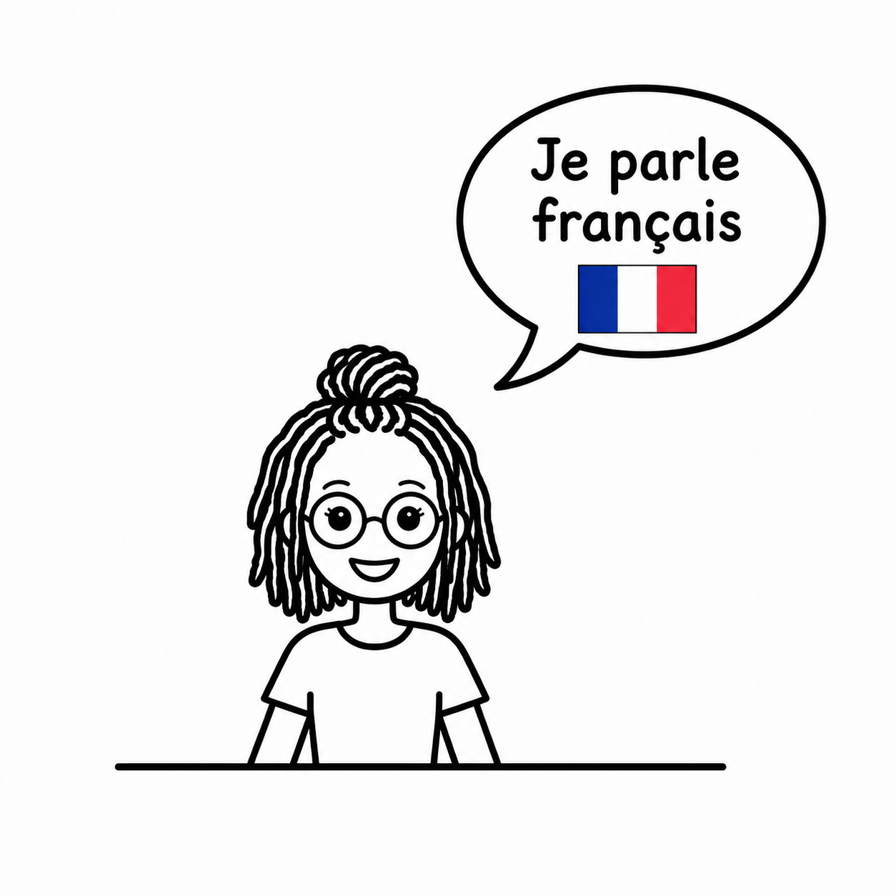 A line drawing of Tonnie with a “Je parle français” speech bubble