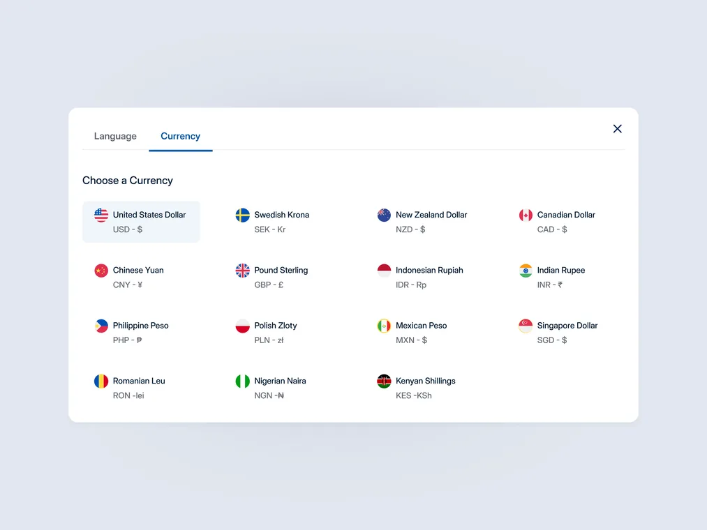 Currency selector modal