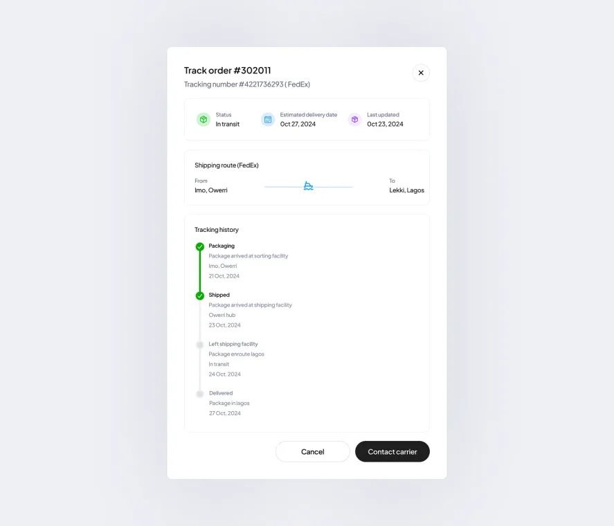 Order tracking screen