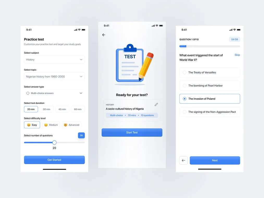 Practice test – mobile app